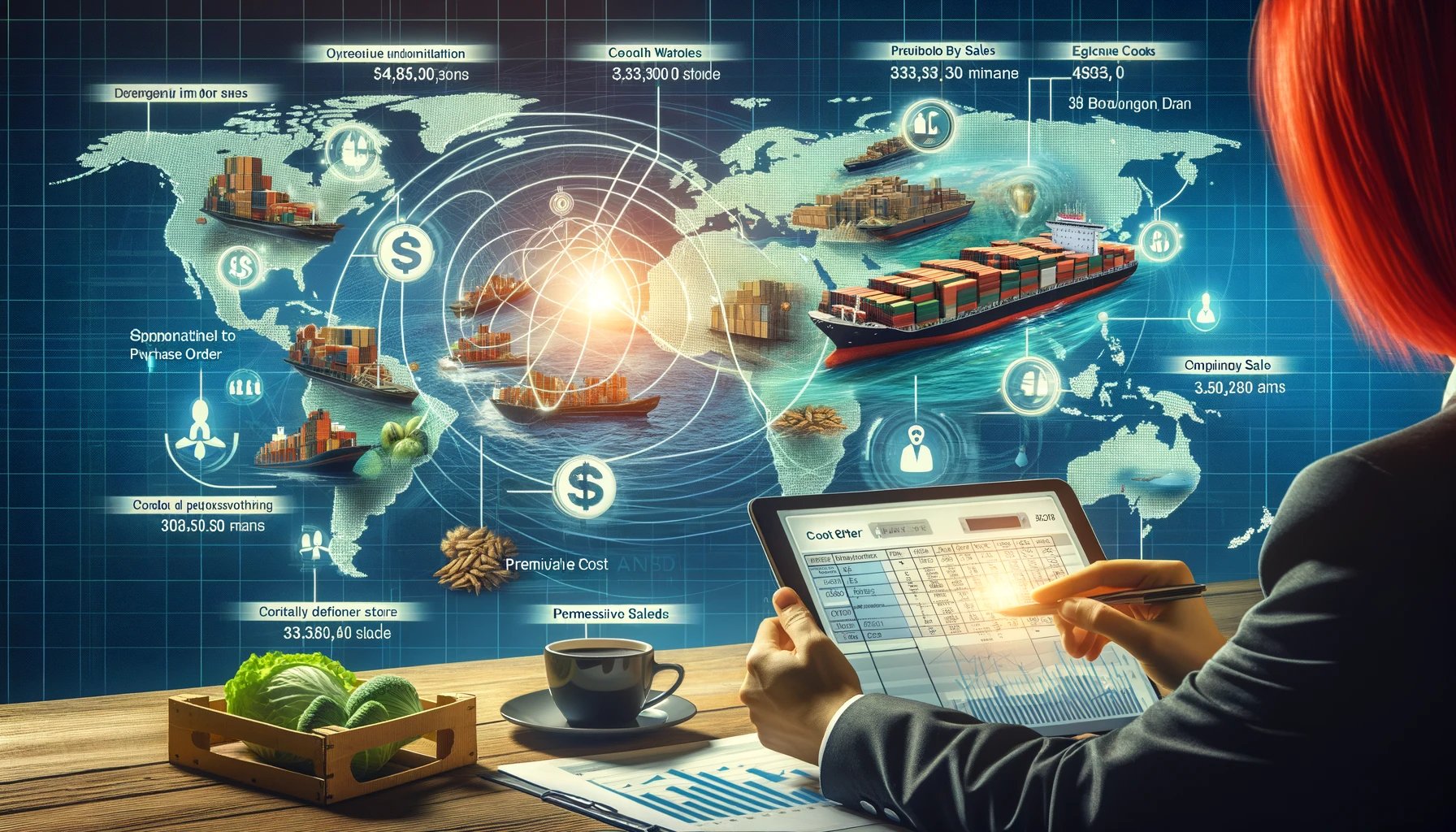 DALL·E 2024-04-12 10.46.42 - A dynamic and informative illustration of the global food import process facilitated by advanced ERP software. The image shows a world map with routes