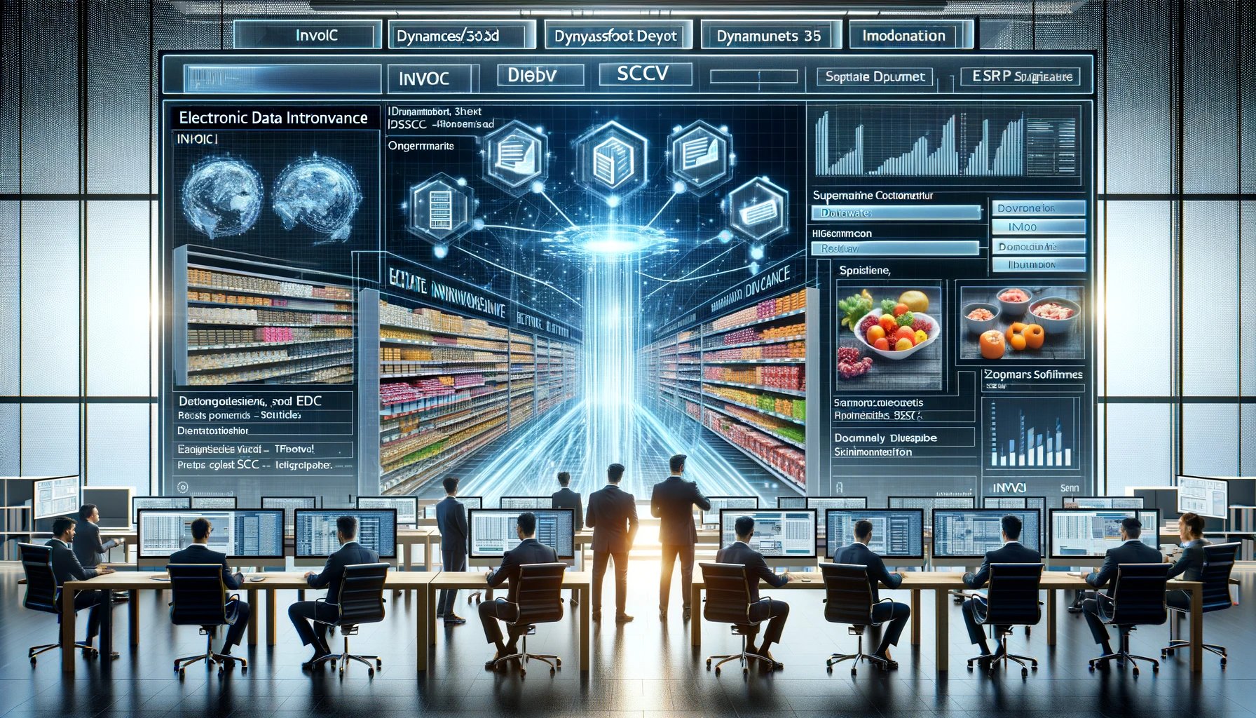 DALL·E 2024-04-12 10.50.12 - A sophisticated illustration of electronic data interchange (EDI) in the food retail industry, facilitated by advanced ERP software. The image depicts