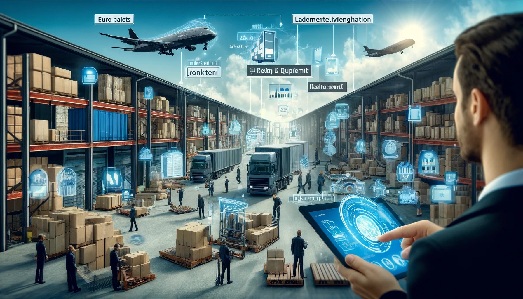 DALL·E 2024-04-12 10.53.09 - A dynamic illustration of a loading dock scenario, focusing on the management of various loading equipment types, such as Euro-pallets, industrial pal