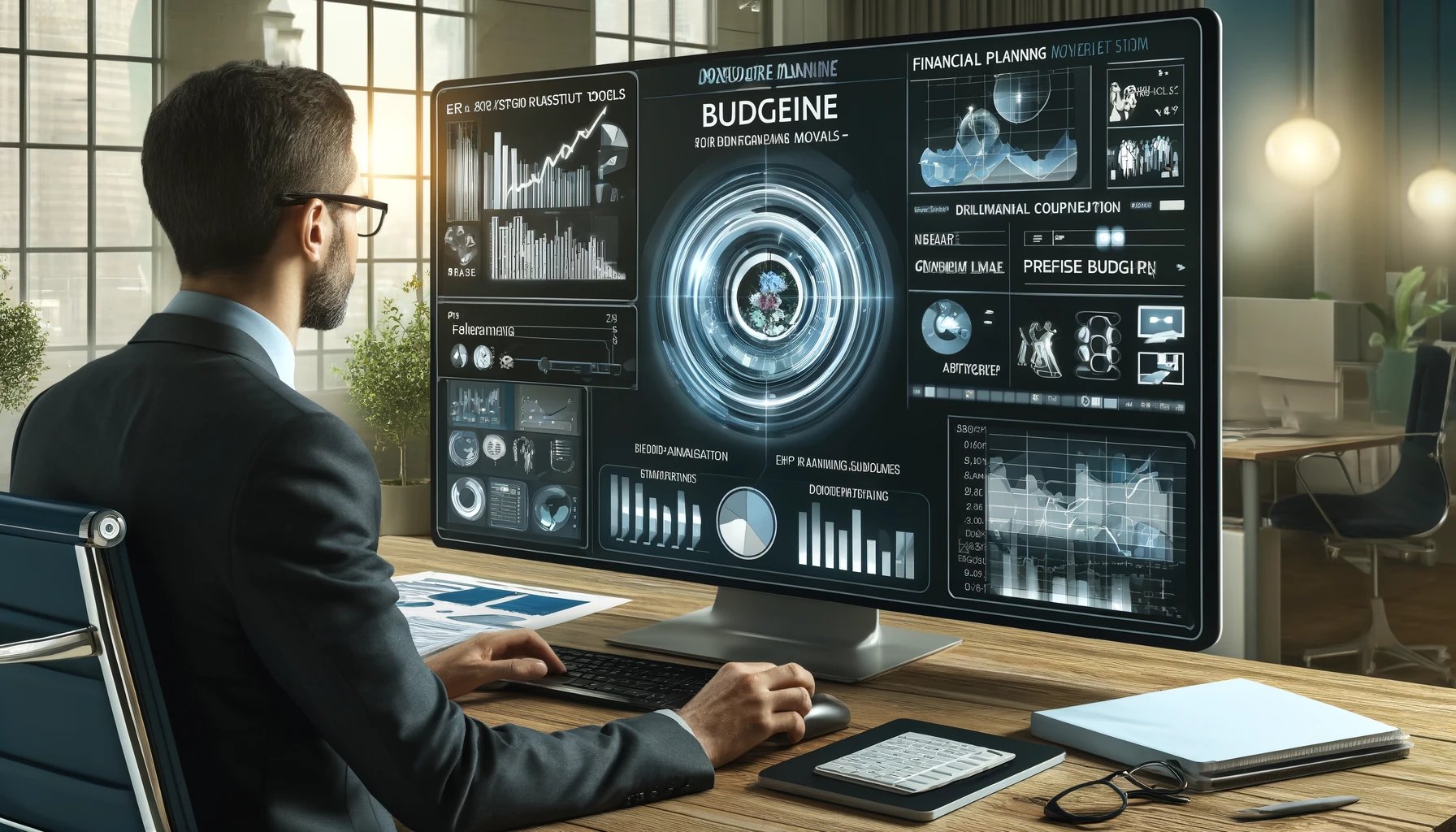 DALL·E 2024-04-15 11.29.01 - A modern office scene depicting a financial planner using an ERP system for budgeting and planning. The digital display shows advanced forecasting too